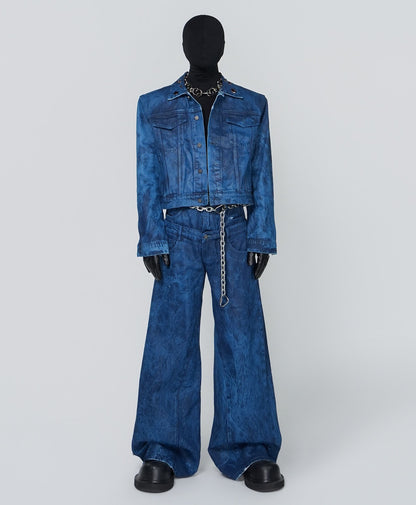 Wax Coated Short Denim Jacket & Wax Coated Wide Leg Denim Jeans Setup WN24308