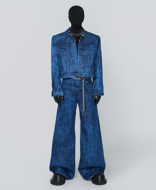 Wax Coated Short Denim Jacket & Wax Coated Wide Leg Denim Jeans Setup WN24308