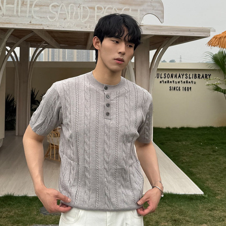 Cable Knit Henley Short Sleeve Polo Shirt WN24895