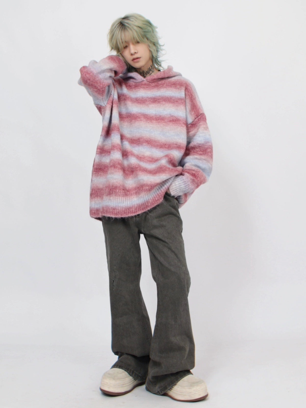 Stripe Hooded Knit Sweater WN4661