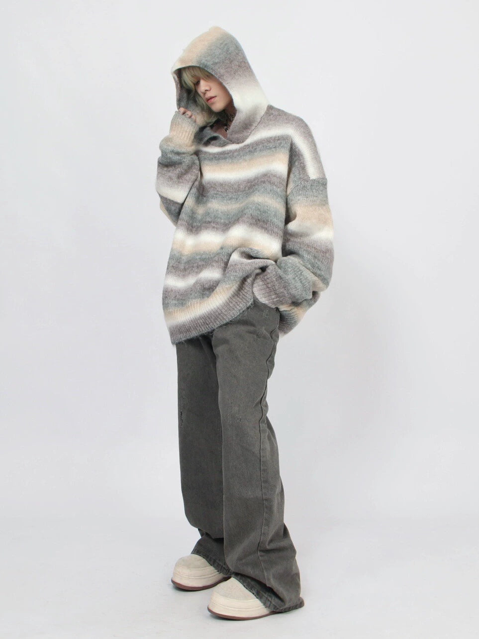 Stripe Hooded Knit Sweater WN4661