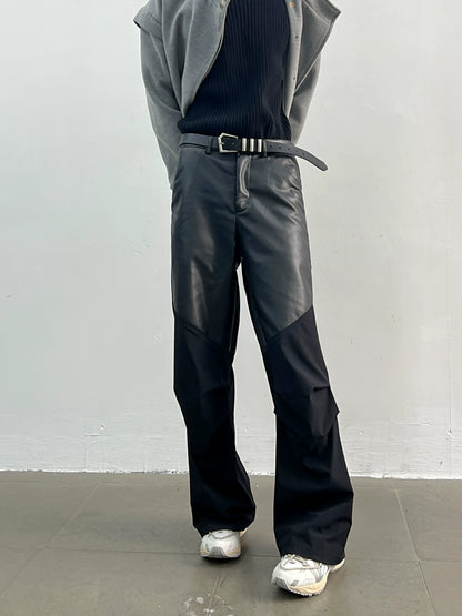 Pleats Straight PU Leather Mix Trousers WN5029
