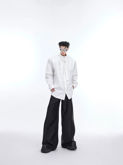 Ribbon Design Pleat Oversize Long Sleeve Shirt WN4698