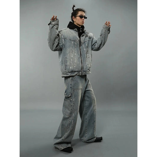 Wash Zipper Denim Jacket & Cargo Denim Jeans Setup WN4637