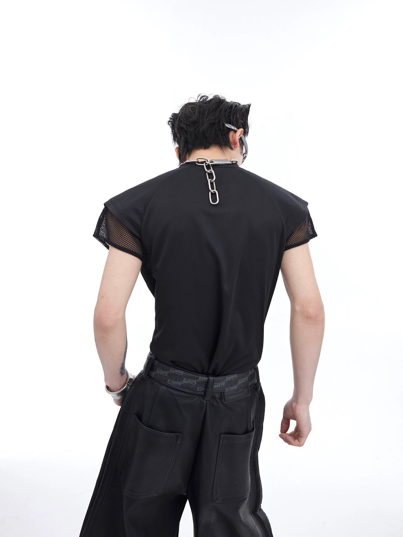 Zipper Design Mesh Layered Short Sleeve T-Shirt WN4682