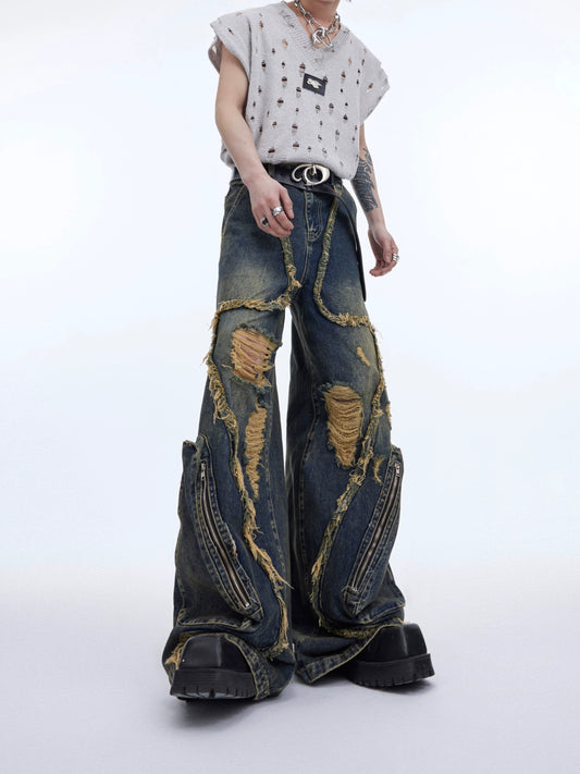 Large Pocket Design Wide-leg Denim Jeans WN5060