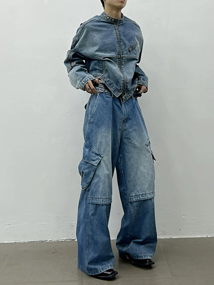 Standing-collar Short Denim Jacket & Wide-leg Cargo Denim Jeans Setup WN5026