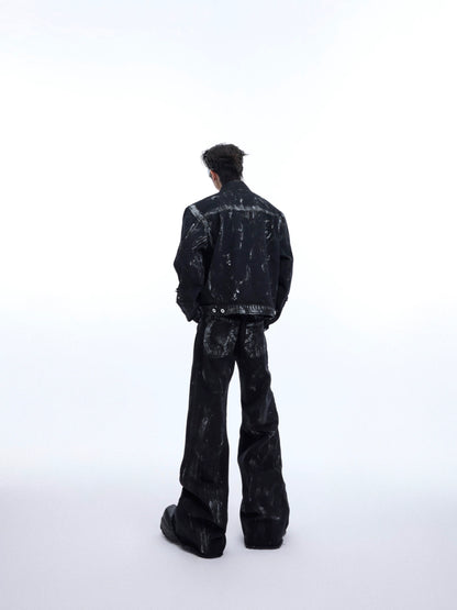 Metal Rivet Design Damage Denim Jacket & Damage Flare Denim Jeans Setup WN5059