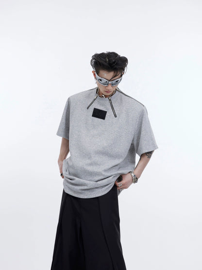 Shoulder Pad Metal Zipper Design Short Sleeve T-Shirt WN5058