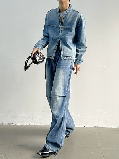 Standing-collar Short Denim Jacket & Wide-leg Denim Jeans Setup WN5024